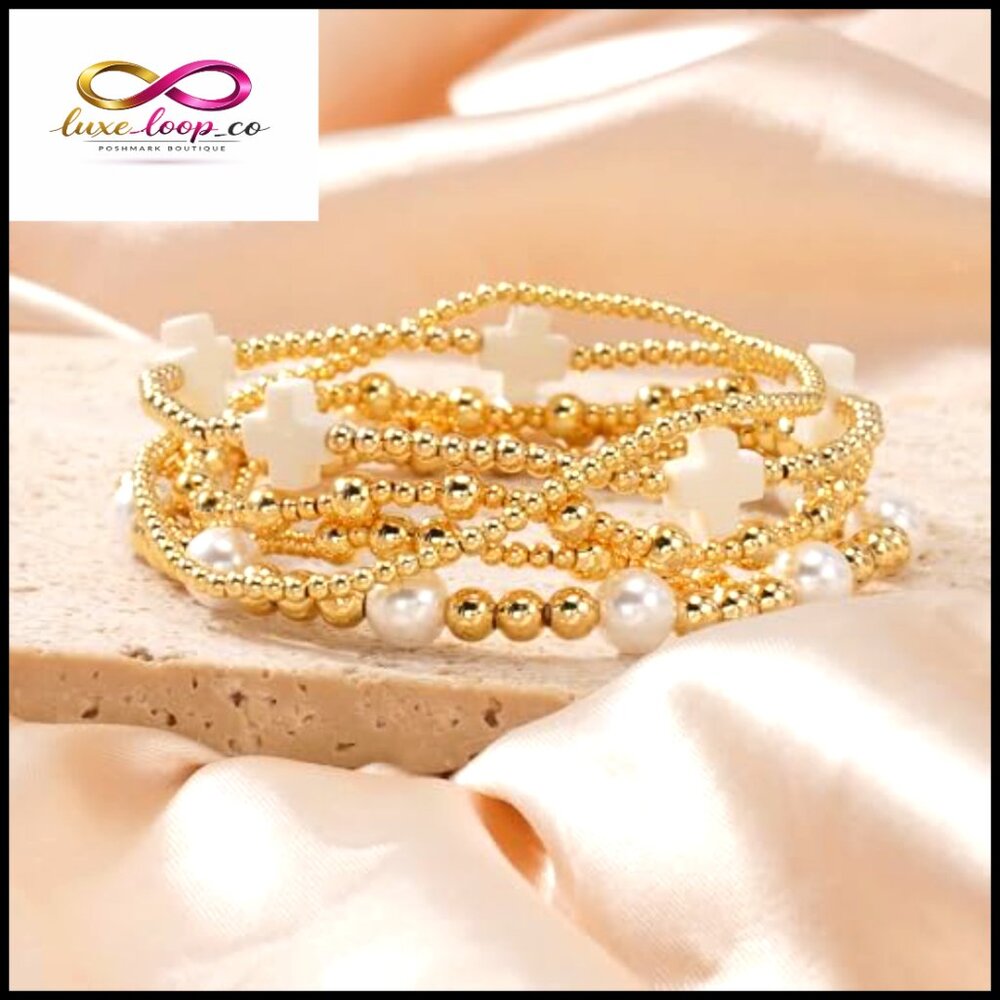 Gold Beaded Stretch Bracelets Stackable Boho Chri… - image 4